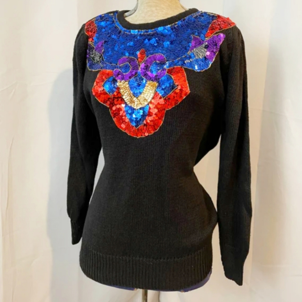 Statements by pronto vintage black redblue long sleeve sequin sweater size small